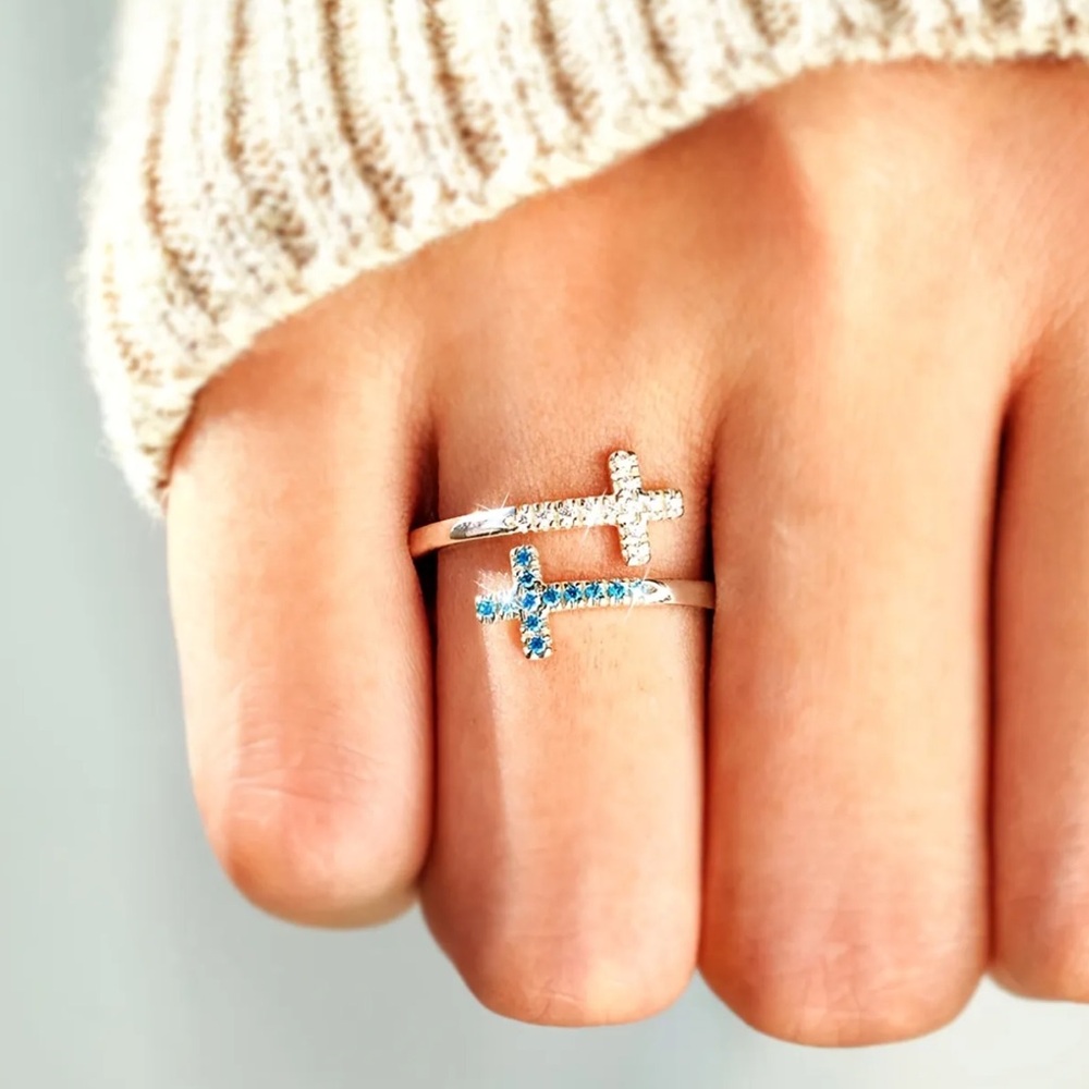 Elegant Silver and Blue Cross Ring, Cubic Zirconia Cross Ring, Double Cross Ring